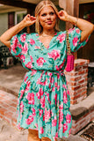 Green Floral Bubble Sleeve Surplice Ruffled Plus Size Dress