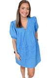 Blue Plain Pleated Button V Neck Puff Sleeve Mini Dress