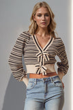 Double Take Full Size Striped Bow Decor Cropped Cardigan