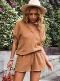 Notched Short Sleeve Top and Shorts Set