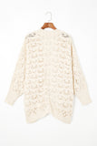 Beige Plus Size Hollowed Open Front Ribbed Trim Cardigan