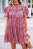 Rose Solid Color Flounce Sleeve Frill Tiered Dress