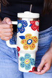 White Retro Floral Print Insulated Tumbler With Lid 40 Ounce