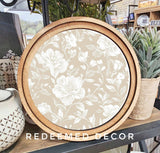 8" Round Taupe White Floral Art