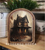 Arch Top Halloween Haunted House Framed Art