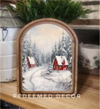 Arch Top Snowy Red Cabins Framed Art
