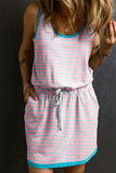 Pink Stripe Contrast Trim Pocket Drawstring Tank Dress