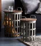 SET OF 2 METAL AND WOOD STORAGE SIDE TABLES 15.5