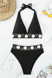Black Floral Banded Halter Bikini Swimsuit