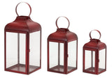 RED DISTRESSED IRON AND GLASS LANTERN (SET OF 3) 10"H, 12.75"H, 16"H