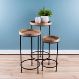 SET OF 3 IRON AND WOOD TALL ACCENT TABLES 10.5