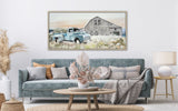 VINTAGE BLUE TRUCK, 28X56 EMBELLISHED AND TEXTURED FRAMED CANVAS WALL ART