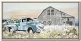 VINTAGE BLUE TRUCK, 28X56 EMBELLISHED AND TEXTURED FRAMED CANVAS WALL ART