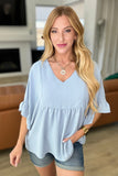 Airflow Peplum Ruffle Sleeve Top in Chambray