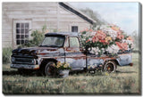BLUE TRUCK WITH BLOOMS 24X35 EMBELLISHED GALLERY WRAPPED CANVAS ART