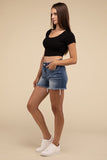Zenana Mid Rise Raw Frayed Hem Denim Shorts