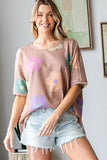 HOPELY Full Size Floral Round Neck Side Slit Waffle T-Shirt