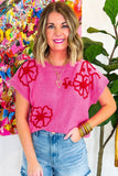 Bright Pink Contrast Trim Flower Knit Top