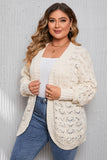 Beige Plus Size Hollowed Open Front Ribbed Trim Cardigan