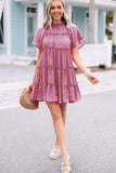 Rose Solid Color Flounce Sleeve Frill Tiered Dress