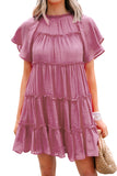 Rose Solid Color Flounce Sleeve Frill Tiered Dress