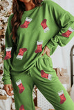 Sequin Christmas Socks Round Neck Long Sleeve Top and Pants Lounge Set