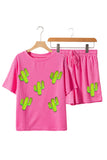 Rose Red Waffle Textured Cactus Graphic Shorts Set