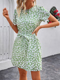 Floral Round Neck Petal Sleeve Mini Dress