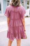 Rose Solid Color Flounce Sleeve Frill Tiered Dress