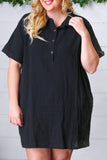 Black Plus Size Collar Buttoned Short Sleeve Shirt Dress